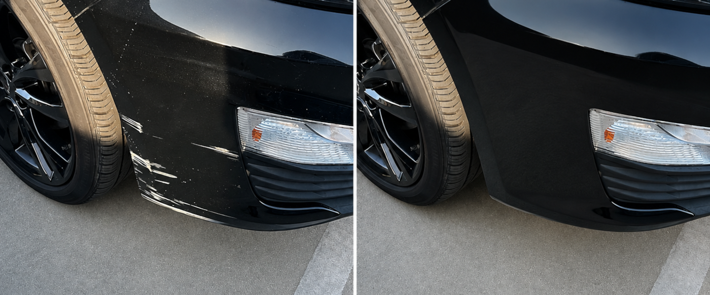 Front bumper before repair on the left and restored paintwork after repair on the right